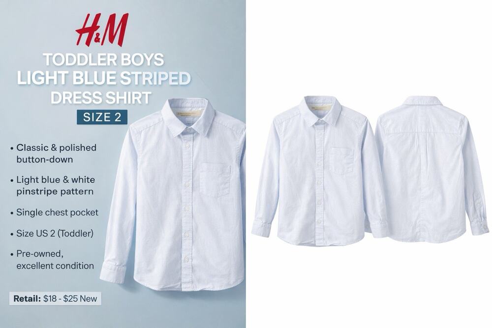 H&M Boys Light Blue White Pinstripe Dress Shirt 2T Long Sleeve Chest Pocket